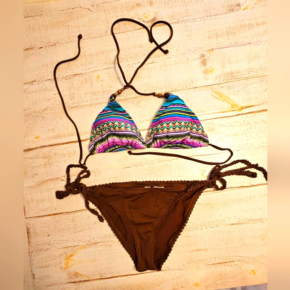 Route 66 Crochet Details Brown Bikini Set Size Large